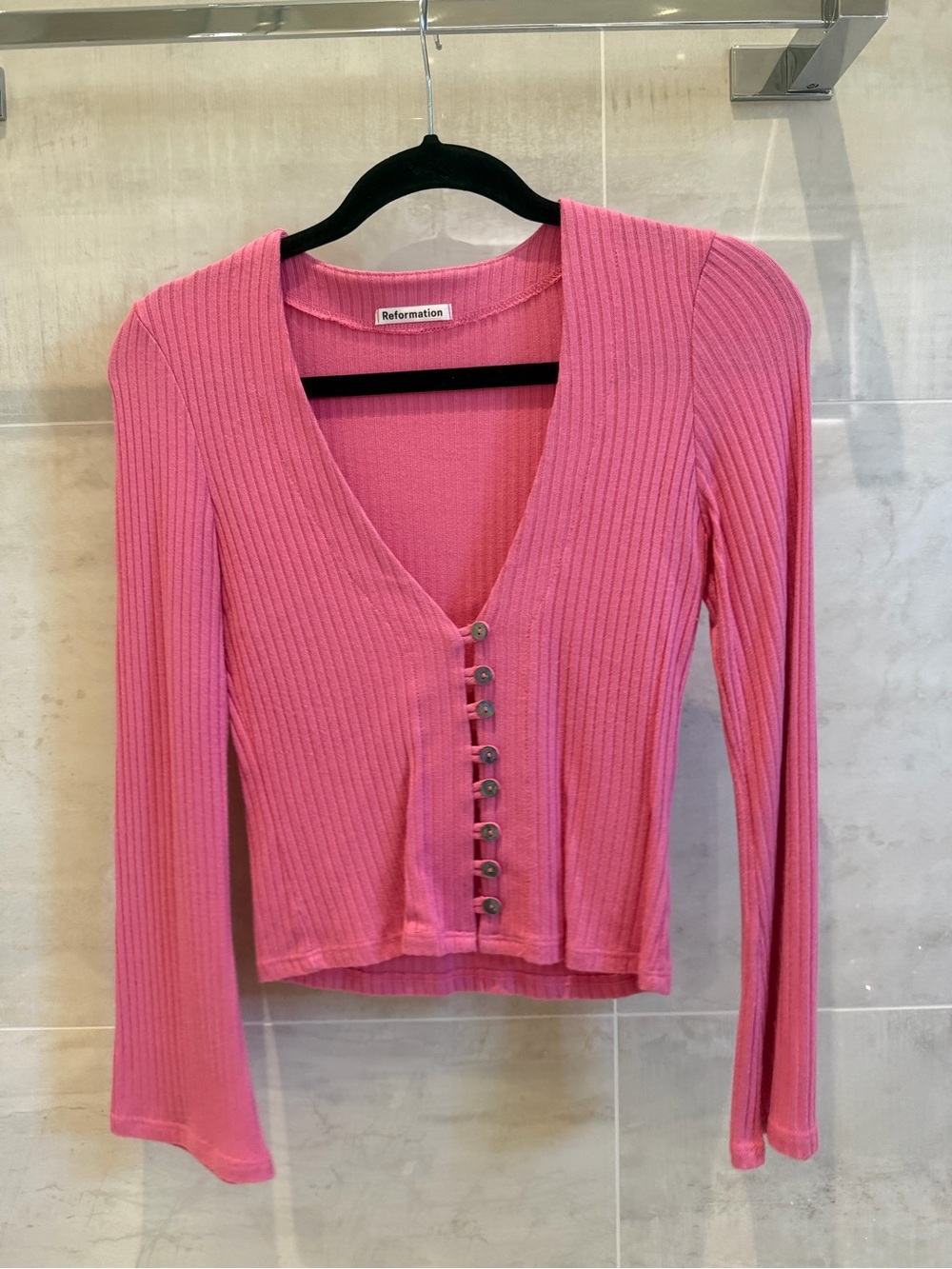 Reformation Hot Pink Ribbed Button-Front V-Neck Long Sleeve Top